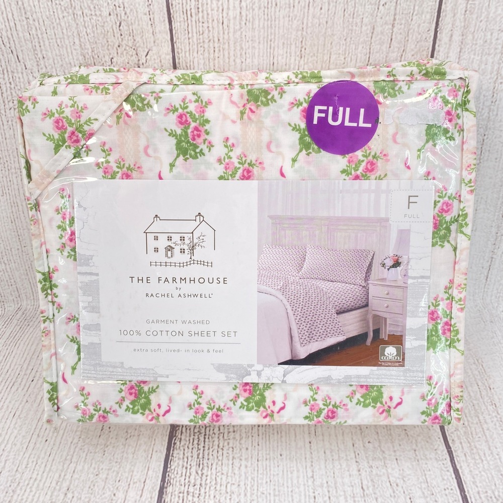 Rachel Ashwell The Farmhouse Sheet Set Full Pink Floral 100% Cotton Cottage